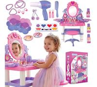 Kinderplay Coiffeuse Rose pour Enfant avec Baguette Magique et Accessoires | Coiffeuse pour Enfant Fille avec Miroir, tiroir, Tabouret et kit de Maquillage - Jeu de rôle