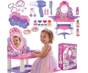 Kinderplay KP8846 Coiffeuse rose pour enfant avec baguette magique et accessoires | Coiffeuse pour enfant fille avec miroir, tiroir, tabouret et kit de maquillage - Jeu de rôle
