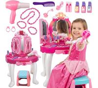 Kinderplay KP8846 Coiffeuse rose pour enfant avec baguette magique et accessoires, pour fille, avec miroir, tiroir, tabouret et jouet de maquillage