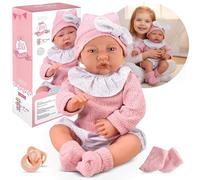 Kinderplay Poupée de bébé 41 cm - Corps souple - Poupée parlante avec sons/sons - Avec tétine et accessoires - Poupée réaliste en tenue rose - Jouet cadeau pour filles et garçons à partir de 3 ans