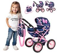 Kinderplay Poussette de poupée profonde - Poignée réglable en hauteur de 33 à 63 cm - Roues en mousse pliable - À partir de 3 ans - Avec sac et panier inférieur - Pour poupées jusqu'à 41 cm