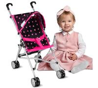 Kinderplay Poussette Poupee, Landeau Poupee Fille - Poussette pour Poupées, Poussette de Conception Légère Stable, Hauteur Jusqu'à la Poignée 54 cm, modèle KP0290R, Rose/Noir