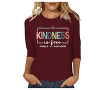 Kindness is Free T-shirt pour femme 2025 décontracté sport sortie coupe ample T-shirts tendance à manches 3/4 T-shirts à col rond pour l'été, Rouge, XL