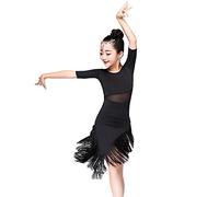 KINDOYO Enfants Filles Danse Vêtements Gland Hem Latin Dance Dress Exercice Performances Compétition Costume, Noir/140
