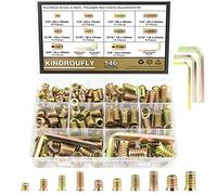 Kindroufly 146 pièces 1/4"-20, 5/16"-18, 3/8"-16 inserts filetés, inserts d'écrous, inserts en bois, assortiment d'inserts filetés en acier pour vis de meubles en bois