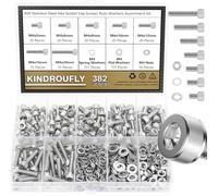 Kindroufly Assortiment de 382 pièces M4 x 5/6/8/10/12/16/20 mm, vis à tête hexagonale et écrous, en acier inoxydable 304, filetage entièrement machine