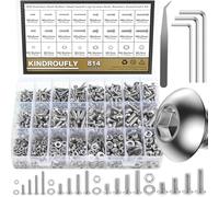 Kindroufly - Lot de 814 vis à tête cylindrique - Écrous et rondelles - Assortiment de vis M3 M4 M5 M6 - Ensemble de vis métriques - Boulons et écrous, vis à machine, acier inoxydable 304, filetage