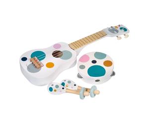 Kindsgut Instruments de Musique Enfant en Bois, 4 Pièces, Points | Set musical dès 3 ans : guitare 4 cordes, 2 hochets et tambourin à grelots, éveil musical, motricité et rythme