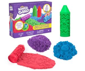 Kinetic Sand, Coffret Multicolore Crayons Stamp N' Roll avec 340 g de Sable de Jeu Violet, Vert, Bleu et Rouge, Jouets pour Tout-Petits, Jouets créatifs pour Filles et garçons à partir de 3 Ans
