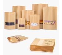 KINETOX 100 sacs en papier kraft - 10 x 15 cm Sachet Kraft Alimentaire Zip Emballage Alimentaire Sachet Bonbon pour Noix Grains de Café,Biscuit Nourriture Animaux Compagnie Feuilles Thé Épices