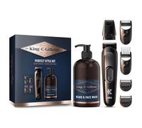 King C.Gillette Coffret cadeau style parfait pour homme pour un rasage de barbe rapide et facile, avec 1 tondeuse à barbe électrique et 4 différents sabots et un nettoyant 3 en 1 pour barbe