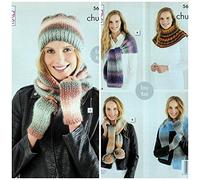 King Cole Patron de tricot 5624 pour femme, bonnet, écharpe, chauffe-mains et épaule, en Riot Chunky