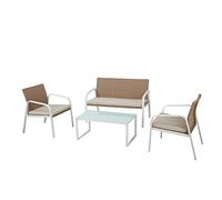 King Collection Salon Madère (2 Fauteuils 1 Canapé 1 Table) de Couleur Blanche, Revêtement en Miel Polyrattan, Coussins Beiges