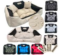 KING DOG Lit pour chien, 145 x 115 cm, 3XL, beige, personnalisé avec nom, Codura imperméable, lit doux et épais, avec grand coussin et 2 décorations