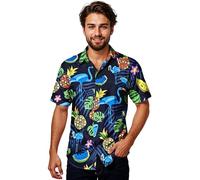 King Kabana Stylish Chemise-Hawaienne, Manche-Courte, Flamingo-Melon-Style, Bleu-Foncé-Bleu-Flamants-Roses, XS
