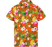 King KAMEHA Chemise hawaïenne décontractée funky pour enfants, garçons et filles, poche avant, manches courtes, unisexe, imprimé ananas et fleurs, Orange, 4 ans