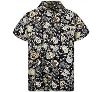 King Kameha Chemise hawaïenne funky pour homme à manches courtes avec poche avant, imprimé pour fête d'Halloween, motif tête de mort et crânes, XXL