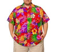 King Kameha Chemise Hawaienne Homme - Chemise Hawaïenne Homme Manches Courtes - Hinano - Chemisette Fleurie Leger - Pineapple, Rouge, 12XL