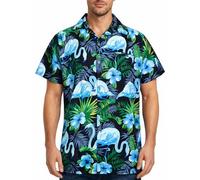 King Kameha Chemise Hawaïenne Homme Manche Courte, Flamingo-Flowers, Noir-Bleu, L