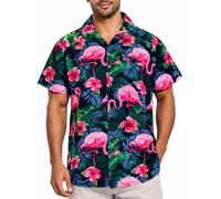 King Kameha Chemise Hawaïenne Homme Manche Courte, Flamingo-Flowers, Noir-Rose, M