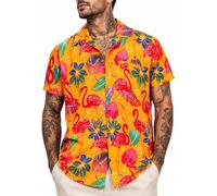 King Kameha Chemise Hawaïenne Homme Manche Courte, Funky-Flamingos, Jaune, M