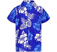 King Kameha Chemise Hawaïenne Homme Manche Courte, Mono-Hibiscus, Bleu-Blanc, S