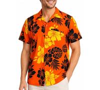 King Kameha Chemise Hawaïenne Homme Manche Courte, Mono-Hibiscus, Orange-Noir, S