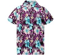 King Kameha Chemise Hawaïenne Homme Manche Courte, Tropical-Hibiscus, Noir-Violet, M