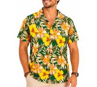 King Kameha Chemise Hawaïenne Homme Manche Courte, Tropical-Hibiscus, Vert-Jaune, M