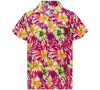 King Kameha Chemise Hawaïenne Homme Manche Courte, Tropical-Hibiscus, Violet-Vert, M