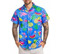 King Kameha Chemise hawaïenne Homme Manches Courtes, Flamingo Melon, Bleu Indigo, 5XL