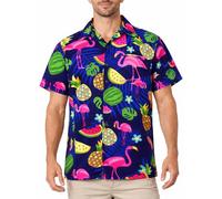 King Kameha Chemise hawaïenne Homme Manches Courtes, Flamingo Melon, Bleu, S