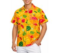 King Kameha Chemise hawaïenne Homme Manches Courtes, Flamingo Melon, Jaune, 6XL