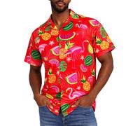 King Kameha Chemise hawaïenne Homme Manches Courtes, Flamingo Melon, Rouge, L