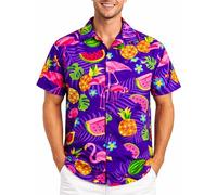 King Kameha Chemise hawaïenne Homme Manches Courtes, Flamingo Melon, Violet, XS