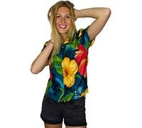 King Kameha Funky Blouse-Chemisier-Hawaienne, Manche-Courte, Big-Flower, Vert-Pétrole, XXL