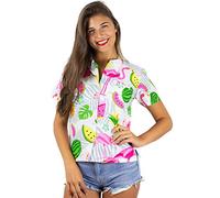 King Kameha Funky Blouse-Chemisier-Hawaienne, Manche-Courte, Flamingo-Melon, Blanc, L