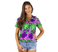 King Kameha Funky Blouse-Chemisier-Hawaienne, Manche-Courte, Green-Leaves-Purple-Flower, Rose, L