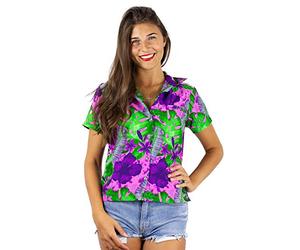 King Kameha Funky Blouse-Chemisier-Hawaienne, Manche-Courte, Green-Leaves-Purple-Flower, Rose, L
