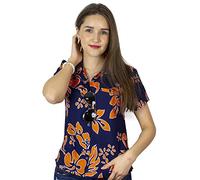 King Kameha Funky-Blouse-Chemisier-Hawaienne, Manche-Courte, Hibiscus, Bleu-Marine-Orange, M