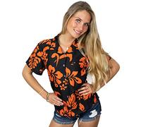 King Kameha Funky-Blouse-Chemisier-Hawaienne, Manche-Courte, Hibiscus, Noir-Orange, L