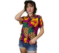 King Kameha Funky Blouse-Chemisier-Hawaienne, Manche-Courte, Pineapple-Hibiscus, Rose-Magenta, L