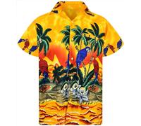 King Kameha Funky Chemise hawaïenne à manches courtes pour homme avec poche avant Motif palmiers Plage Perroquet, Jaune perroquet, L