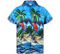 King Kameha Funky Chemise hawaïenne à manches courtes pour homme avec poche avant Motif palmiers Plage Perroquet, Perroquet turquoise, L