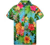 King Kameha Funky Chemise hawaïenne à manches courtes pour homme, poche avant, fête, feuilles de palmier, imprimé ananas, Ananas/turquoise, L