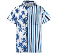 King Kameha Funky Chemise hawaïenne à manches courtes pour homme Poche avant Tropical Rayures Mix Fleurs Palmiers Unisexe, Rayures/bleu/palmiers, M