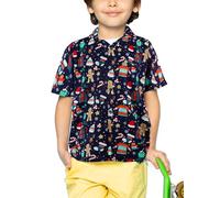 King Kameha Funky-Chemise-Hawaienne, Enfants, Noël, Manche-Courte, Christmas-Ginger-Bread, Bleu, 6