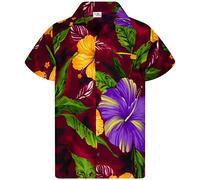 King Kameha Funky Chemise-Hawaienne, Manche-Courte, Big-Flower, Rouge-Marron, 3XL