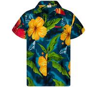 King Kameha Funky Chemise-Hawaienne, Manche-Courte, Big-Flower, Vert-Pétrole, XL