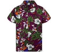 King Kameha Funky Chemise-Hawaienne, Manche-Courte, Cherry-Parrot, Rouge-Bordeaux, XL
